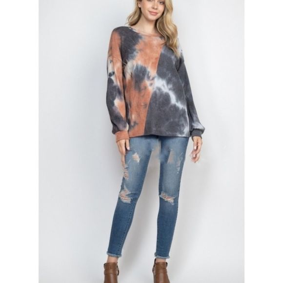 Soft Black And Peach Combo Tie Dye Cold Shoulder Top - Picture 6 of 7